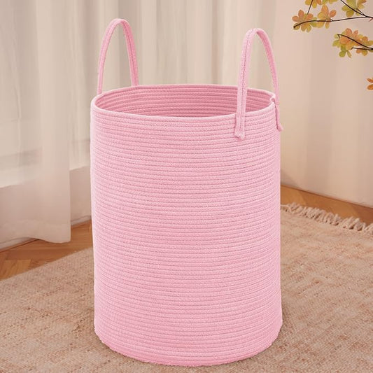 JMvicyroam 60L Cotton Rope Laundry Basket Hamper, Pink | Collapsible laundry basket, reinforced handles, freestanding, machine washable, holds 3-5 thick blankets, clothes or toys