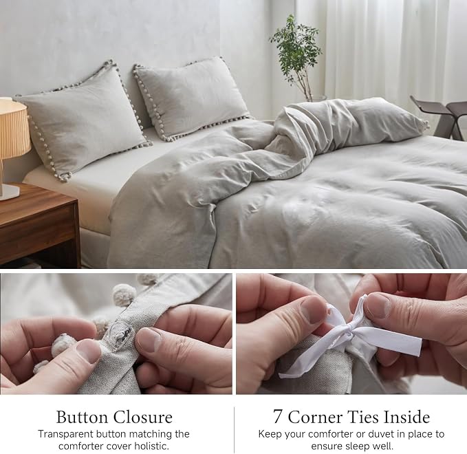 Simple&Opulence French Linen Blended Duvet Cover Queen, Flax Viscose Derived from Bamboo Bedding Set with Pom Pom Trim Soft Cooling for Hot Sleepers, 1 Boho Comforter Cover and 2 Pillow Shams, Linen
