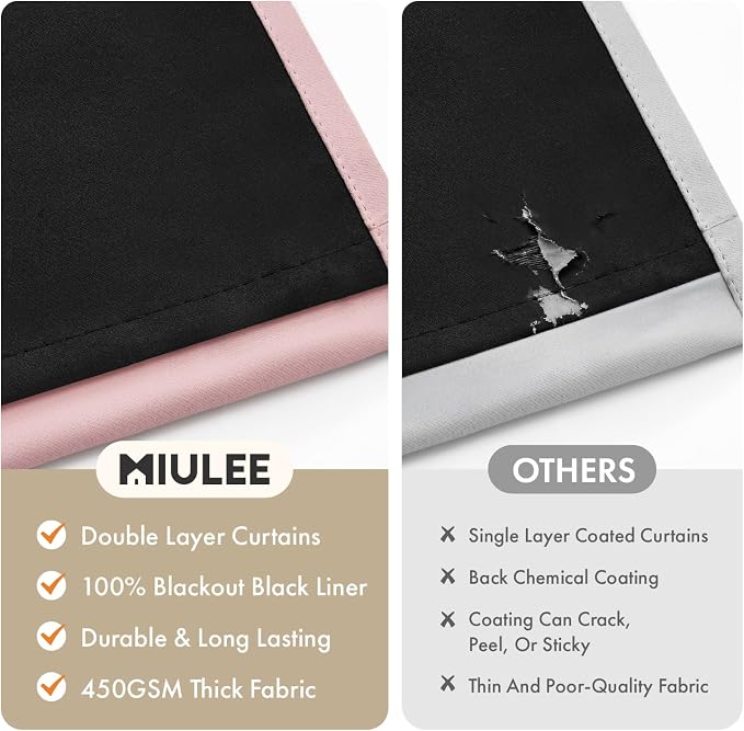 MIULEE Light Pink 100% Blackout Short Curtains for Bedroom 40x54 Inch | 2 Thick Layers Thermal Insulated Short Curtains with Black Liner, Noise Reducing Grommet, Drapes for Living Room 2 Panels