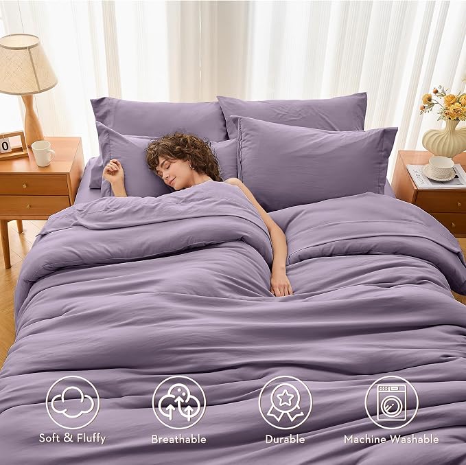 7 Pieces King Comforter Set, Soft Bed in a Bag King Size, All Season Bedding Set with Comforter, Flat Sheet, Fitted Sheet, Pillowcases & Shams, Greyish Purple
