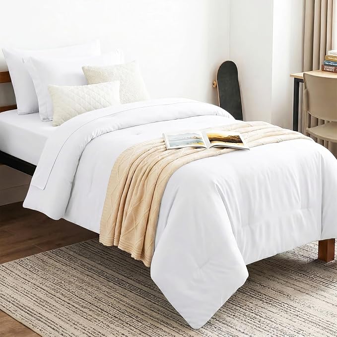 Twin XL Comforter White, 5 Pieces Bed in a Bag | College Dorm Essentials, OEKO-TEX Certified, 240GSM Down Alternative Comforter, Flat & Fitted Sheets, Pillowcase & Sham