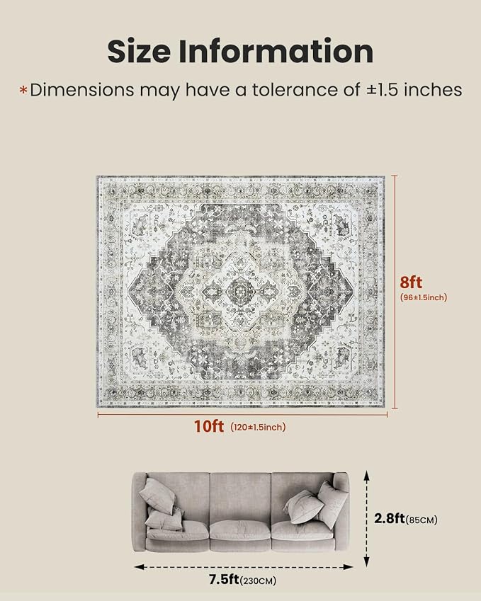 AMADA HOMEFURNISHING Grey 8x10 Area Rug, Washable Low-Profile Large Area Rug with Non-Slip Backing & Durable Edge Binding, Vintage Large Rugs for Living Room, Bedroom