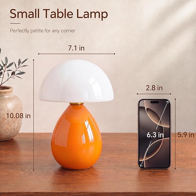 Mushroom Lamp Table Lamp for Bedroom-Small Desk Table Lamps,Orange | Ice Crackle 10.08" Mid Century Modern Table Lamps for Living Room Bedroom Decor,Ceramic Lamps for Home Room Decor,Glass Shade