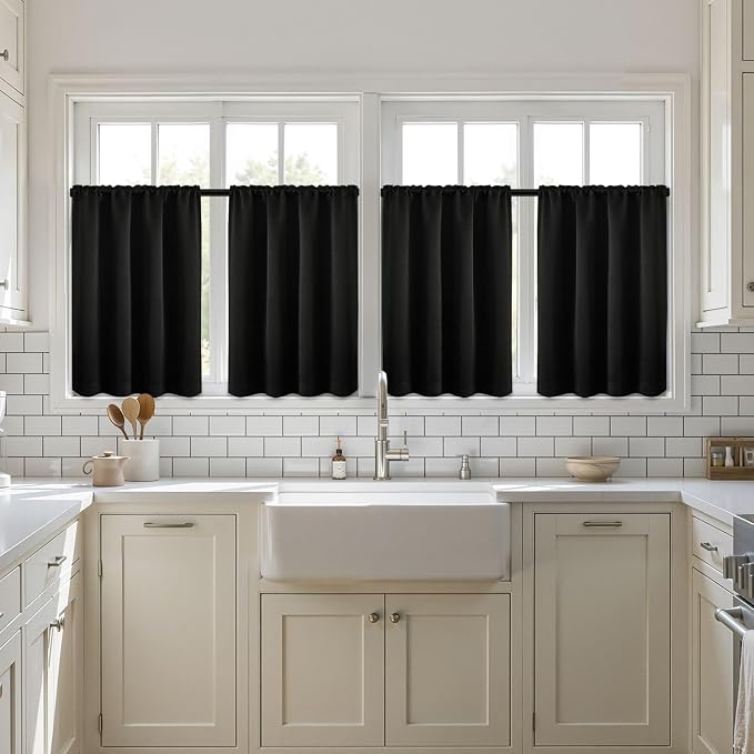 MIULEE 4-Panel 36 Inch Blackout Kitchen Tier Curtains Over Sink Black | Privacy Protection, Heat/Light Blocking, Cafe Curtains, Top&Bottom Rod Pocket, Suitable for Small Windows, Soft&Durable