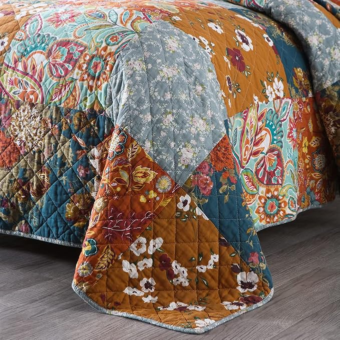 VISIMISI Cotton Bedspread Quilt Sets Reversible Bedding Coverlet Sets 3 Pieces Paisley Vintage Floral Yellow Blue Patchwork Bedspread, Queen Size