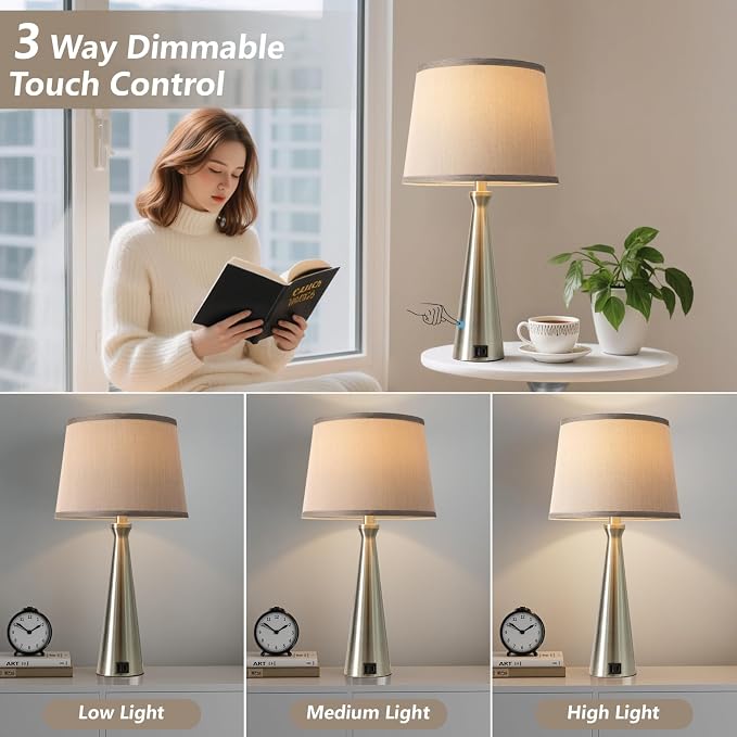 Modern Touch Lamps for Nightstand, 3 Way Dimmable Bedroom Lamp Set of 2 | USB C+A Charging Ports, Silver Bedside Lamps for Bedroom, Living Room, End Table, Bed Side, LED Bulb Included