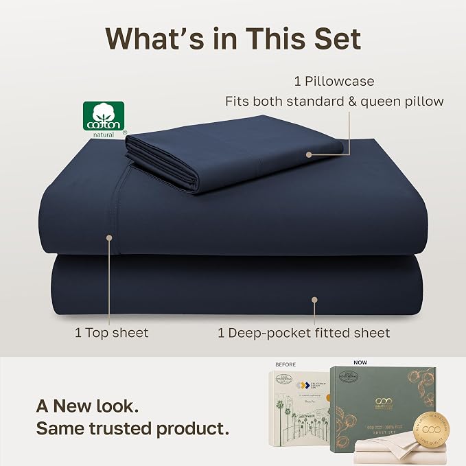 California Design Den 600 Thread Count XL Twin Sheets Cotton, 3 Pc Set | 100% Cotton Sateen Backed by Good Housekeeping Seal, Soft & Smooth, All-Around Elastic, Durable, Easy Care - Midnight Blue