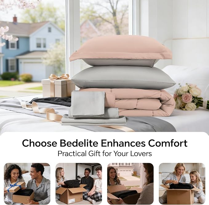 BEDELITE Twin XL Comforter Set 5 Pieces, Reversible Dusty Pink Bed in A Bag | Soft All Season Down-Alternative Comforter, Sheets, Pillowcases & Shams, OEKO-TEX Certified Bedding for Drom Room, College