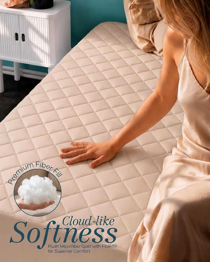 Quilted Mattress Pad, Full Mattress Protector Topper fits 16" Deep, Beige | Soft Breathable Fitted Mattress Cover, Noiseless, Deep Pockets & Machine Washable for Home & Hotels by Utopia Bedding