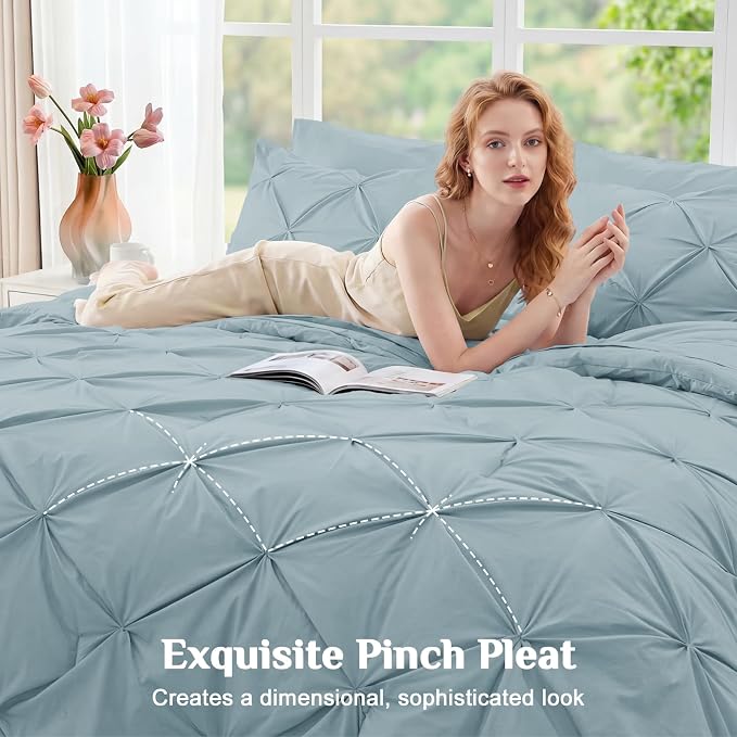 JOLLYVOGUE Full Size Comforter Sets 7 Pieces - Bed in a Bag Full for All Season, Pintuck Bedding Comforter Sets with Comforter, Flat Sheet, Fitted Sheet and Pillowcases & Shams, Greyish Blue