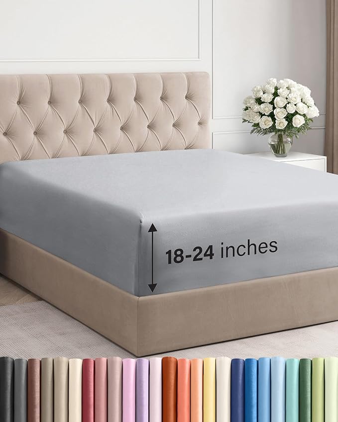 Extra Deep Cal King Fitted Sheet - Single Fitted Sheet Only - Steel Blue | Easily Fits 18 inch to 24 inch Mattress, Soft, Wrinkle Free, Breathable & Comfy, Extra Deep Pockets Hotel Luxury Fitted Sheet