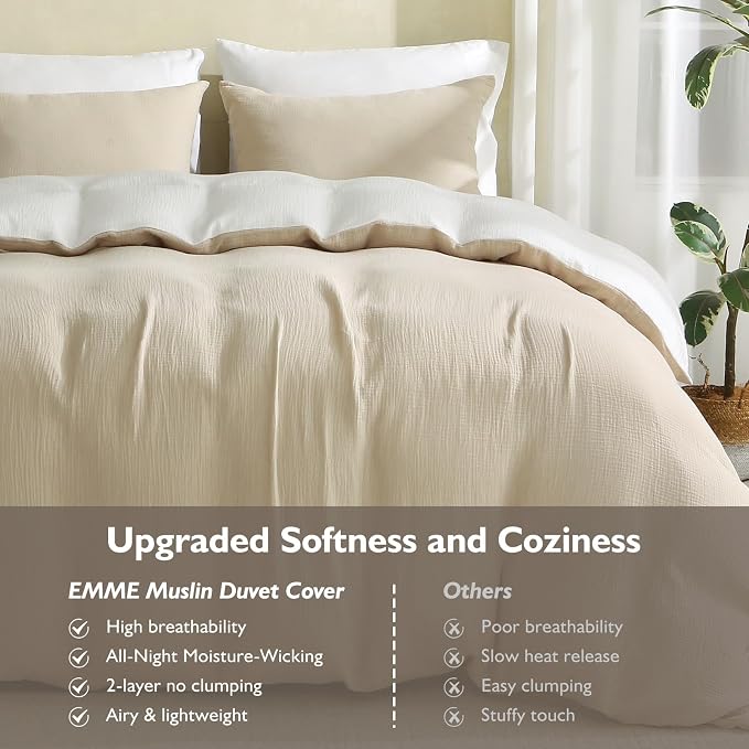 EMME Cotton Muslin Duvet Cover Set King Size Linen Like Soft Breathable Lightweight Summer Comforter Cover Set with Zipper Closure (Light Tan&White, King, 104"x90")