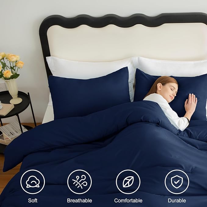 Queen Comforter Set, 3 Pieces Down Alternative Bedding, Navy Blue | 270 GSM All Season Comforter with 4 Corner Ties for Use as a Duvet Insert, OEKO-TEX Certified, 2 Pillowcases, 88 x 88 in