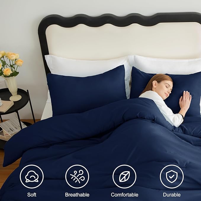Full Comforter Set, 3 Pieces Down Alternative Bedding, Navy Blue | 270 GSM All Season Comforter with 4 Corner Ties for Use as a Duvet Insert, OEKO-TEX Certified, 2 Pillowcases, 82 x 86 in