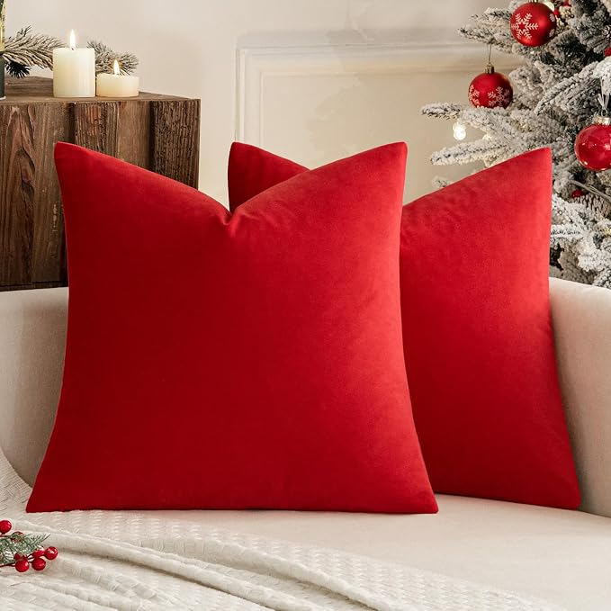 MIULEE 24x24 Inch Pack of 2 Euro Velvet Throw Pillow Covers Bright Red | Soft Solid Decorative Euro Sham, Modern Luxury Home Decor, for King Bed Sofa Couch Bedroom Livingroom
