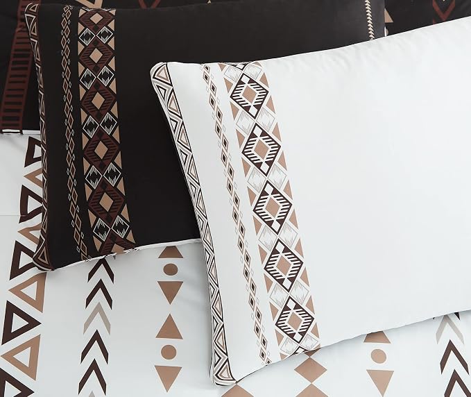 Oversized Queen Comforter Set - 7 Pieces Reversible Western Bedding Set | Boho Bedding, All Season Aztec Bed Set with Comforter, Sheets, Pillowcases & Shams, Brown