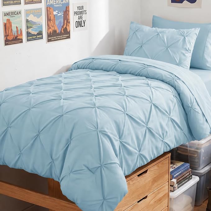 HIMEET Twin XL Comforter Set Light Blue - 5 Pieces Pintuck Bed in a Bag | OEKO-TEX Certified, 240GSM Down Alternative Comforter, 14" Deep Pocket Fitted Sheet + Flat Sheet + 1 Pillowcase + 1 Sham