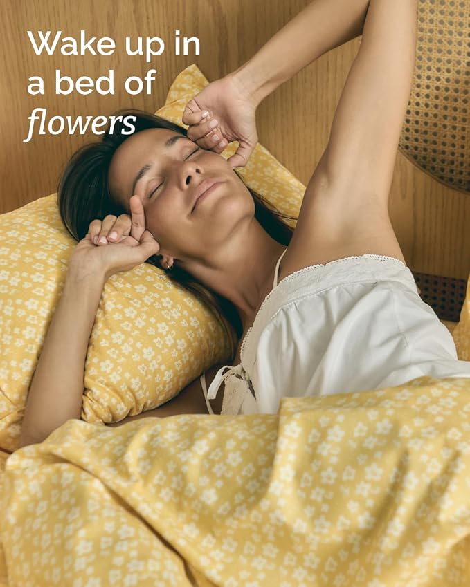 Split King 5 Piece Floral Sheet Set - Breathable & Cooling - Yellow Meadow | 1 Flat, 2 Fitted & 2 Pillowcases w/ Deep Pockets, Boho Botanical Floral Bedding, Breathable & Cooling, Wrinkle & Fade Free