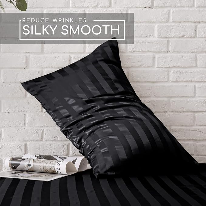 MR&HM Satin Sheets King Size with Elastic Corner Straps, Black Striped | Similar to Silk, 6-Piece Silky Soft Bed Sheet Set, Gentle on Skin and Hair, 15" Deep Pocket, Cooling & Breathable