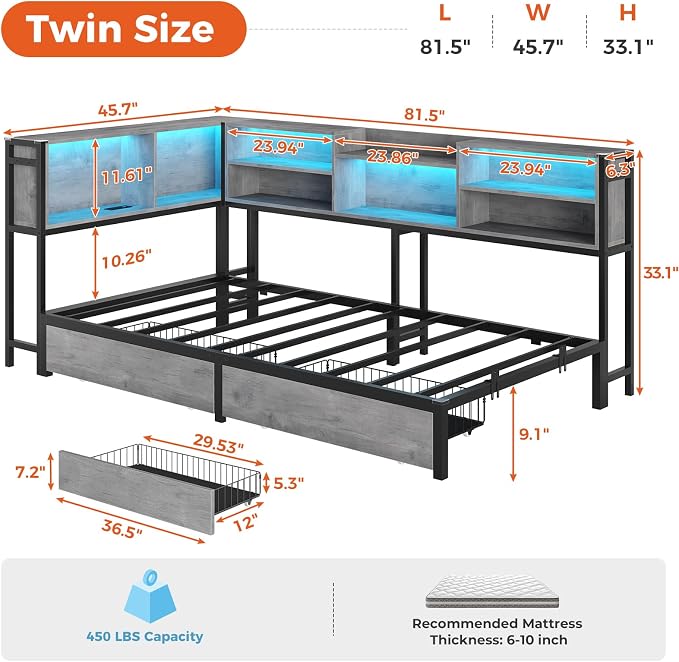 DICTAC Corner Twin Bed Frame with Bookcase Storage Headboard and Led Lights,Twin Size Metal Platform Corner Bed Frames with 2 Drawers and Charging Station,Twin Daybed for Kids and Teens,Oak Gray
