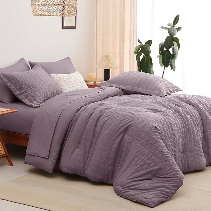 Oversized King Seersucker Comforter Set, Dusty Purple, 120 x 98 in | OEKO-TEX Certified, 7 Pieces Bed in a Bag with 240 GSM Down Alternative Comforter, Flat & Fitted Sheets, Pillowcases & Shams