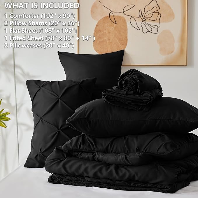 King Size Comforter Set Black, 7 Pieces Pintuck Bed in a Bag | OEKO-TEX 100 Certified, 240GSM All Season, Bedroom, Guest Room, Down-Alternative Comforter, Sheets, Pillowcases & Shams