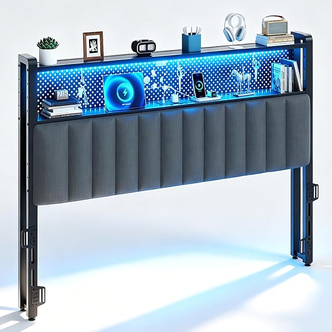 VINGLI King Size Headboard Only, Adjustable Upholstered Headboard with 2 Tier Shelves and Pegboard with Charging Stations and LED Lights, Modern Bed Headboard with Storage for Bedroom Decor
