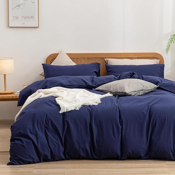 BESTOUCH Cotton Solid Duvet Cover Set Linen Feel Navy Blue Oversized Full | 100% Washed Cotton, Soft Wrinkle Texture, Hidden Zipper, 8 Ties, Breathable Lightweight Durable Comfy, 3 Pcs No Insert
