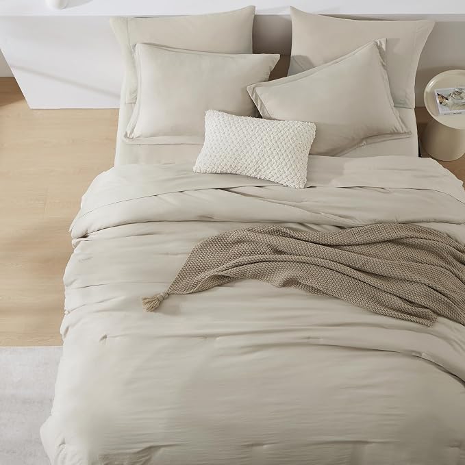 Oversized Queen Comforter Set -7 Pieces Soft Bed in a Bag Queen Bedding Set | Prewashed All Season Comforter with Sheets, Pillow Shams & Pillowcases,Light Oatmeal