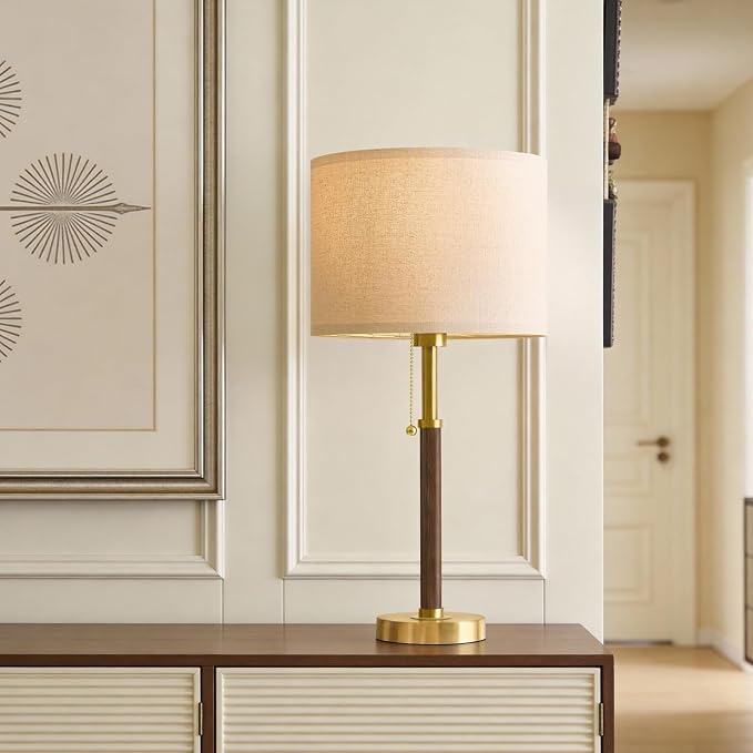 Wood Table Lamps 22" Mid Century Modern Lamps for Bedroom Living Room Lamps | Pull Chain Lamps Set of 2, Walnut Mcm Bedside Lamps for Night Stands, Vintage Small Side Table Lamps Buffet Nursery Decor