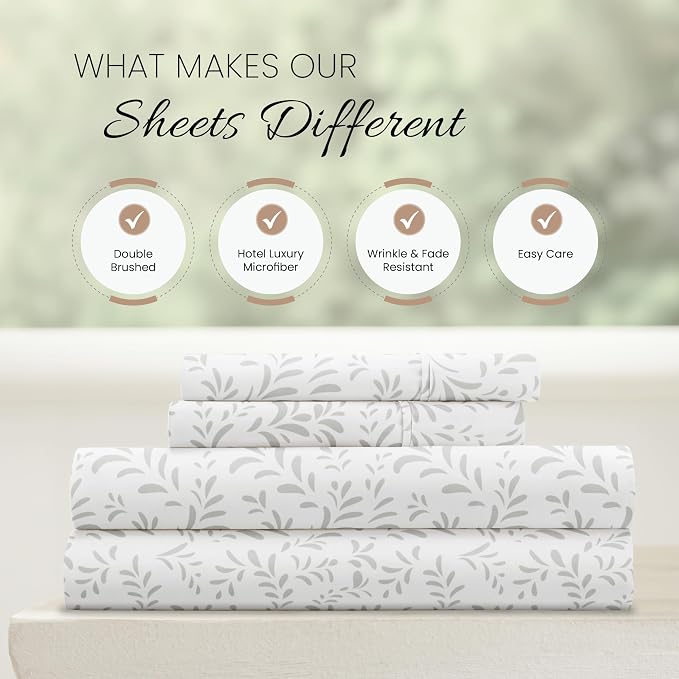 Linen Market Double-Brushed Patterned Microfiber Full Sheet Set 4 Piece – Oeko-TEX Certified Ultra Soft & Wrinkle-Free - 16" Deep Pocket Sheets - Easy Care Full Size - Burst of Vines Light Gray