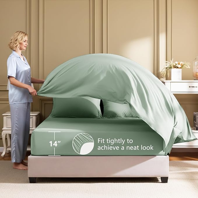 HIMEET Queen Comforter Set, 7-Piece Point-Quilted Bed in a Bag Sage Green | OEKO-TEX Certified, Lightweight 240 GSM Comforter, Flat Sheet, 14-Inch Deep-Pocket Fitted Sheet, Pillowcases & Shams