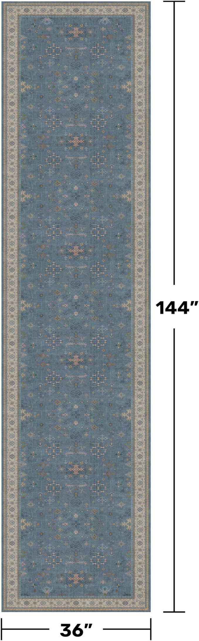 Vintage 3x12 Long Hallway Runner Rug - Blue Boho 3x12 Kitchen Floor Mat, Washable Low Pile Thin Carpet for Bedroom Bedside, Modern Eclectic Boho Design Décor