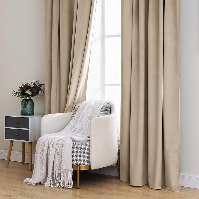 MIULEE Velvet Curtains 52x96 inches 2 Panels Cream Beige Blackout Curtains | Luxury, Bedroom Living Room, Thermal Insulated, Super Soft Window Drapes, Rod Pocket & Back Tab