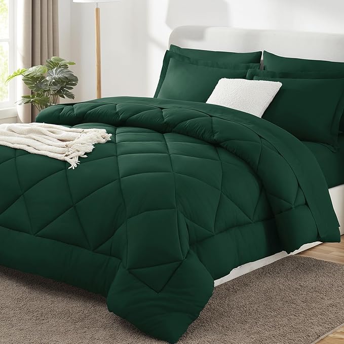 Super King Plus Comforter Set Emerald Green - 7 Pieces Bed in a Bag | OEKO-TEX Certified, All Season, 240GSM Down-Alternative Comforter, Sheets, Pillowcases & Shams, 14" Deep Pocket, Easy Care