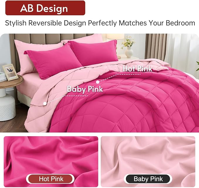 7 Pieces Queen Comforter Set, Reversible Bed in a Bag Queen Size, All Season Bedding Set with Comforter, Flat Sheet, Fitted Sheet, Pillowcases & Shams, Hot Pink & Baby Pink