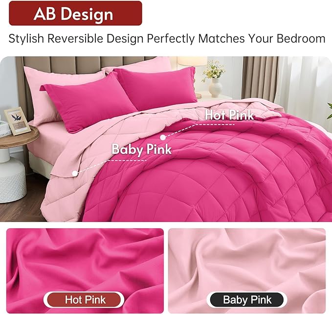 5 Pieces Twin Comforter Set, Reversible Bed in a Bag Twin Size, All Season Bedding Set with Comforter, Flat Sheet, Fitted Sheet, Pillowcases & Shams, Hot Pink & Baby Pink