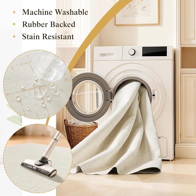 LIANLAM Washable Rug Area Rugs for Living Room - Stain Resistant Non-Slip Backing Boho Rug for Bedroom,Durable & Ultra-Thin Vintage Large Area Rug(4' x 6',White)