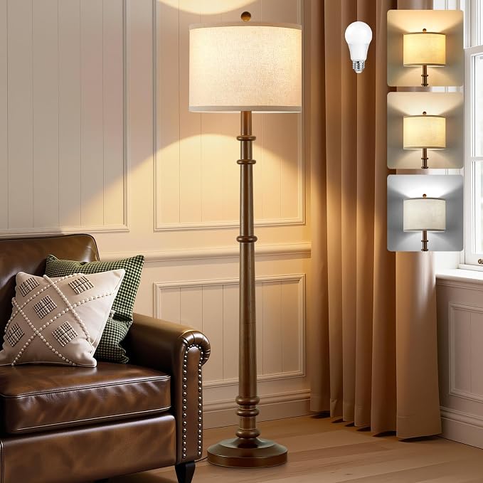 Floor Lamps for Living Room - 60" Farmhouse Floor Lamp with Adjustable Color Temperatures - Vintage Standing Lamp Reading Light with Linen Shade Rustic Tall Lamp for Bedroom Office, Wood , Walnut