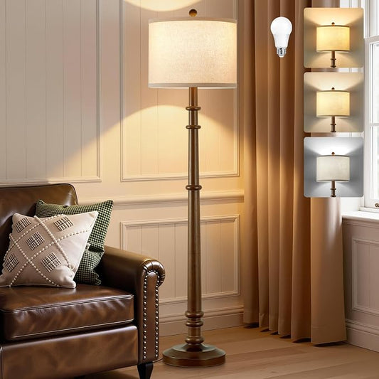 Floor Lamps for Living Room - 60" Farmhouse Floor Lamp with Adjustable Color Temperatures - Vintage Standing Lamp Reading Light with Linen Shade Rustic Tall Lamp for Bedroom Office, Wood , Walnut