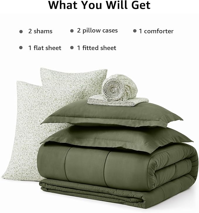 Monbix Full Size Comforter Sets - 7 Pieces Bed in a Bag Full Bedding Set | All Season Green Track Stitching Comforter Bed Set with Printed Sheets, Pillowcases & Shams
