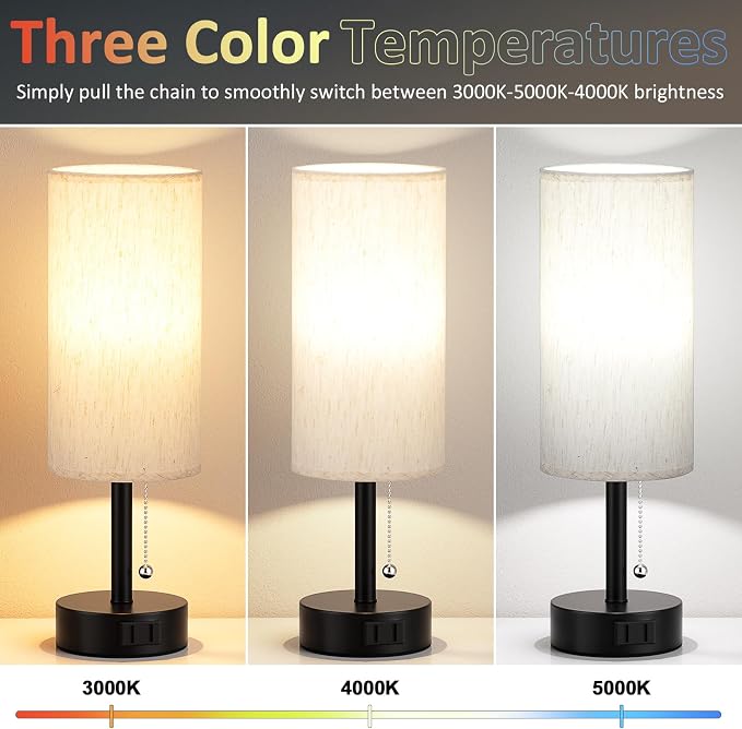 Bedside Table Lamps Set of 2 - Bedroom Lamp for Desk, AC Outlet | Pull Chain, 3 Color Temperatures (3000K/4000K/5000K), LED Bulbs Included, 14in Small Lamp for Dorm, Nightstand, Living Room