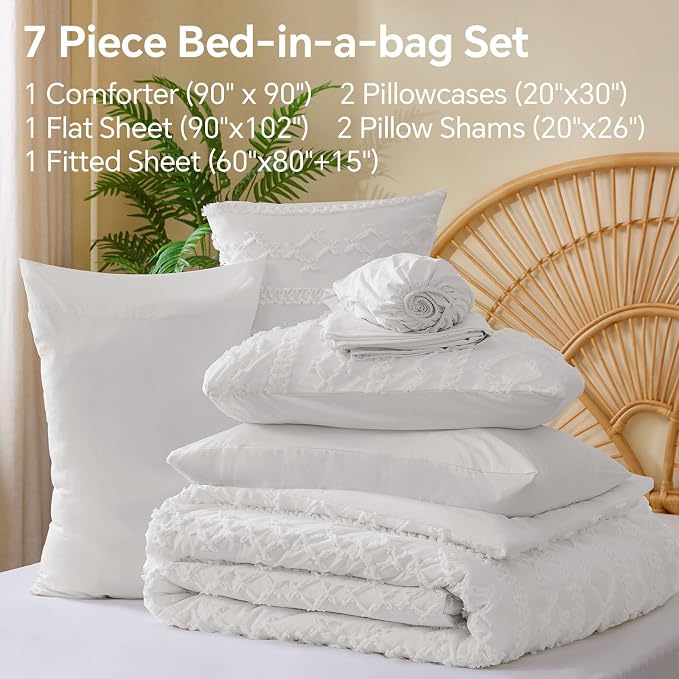 BEDELITE Queen Comforter Set 7 Pieces,Boho Bed in a Bag,White | Tufted Bed Set for All Seasons,Soft Farmhouse-Style Embroidery Bedding,Includes Flat & Fitted Sheets,2 Pillowcases & 2 Shams