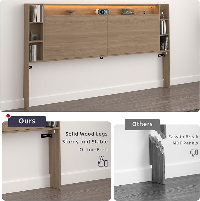 Queen Wall Mount Solid Wood Leg Headboard with Storage | Headboard Only,USB Charging ,Rgb Light,Modern backboard,Integrated fit,Sturdy and Stable Bed Board