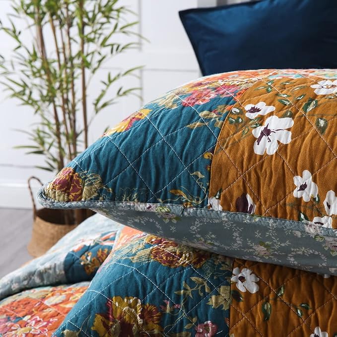 VISIMISI Cotton Bedspread Quilt Sets Reversible Bedding Coverlet Sets 3 Pieces Paisley Vintage Floral Yellow Blue Patchwork Bedspread, Queen Size