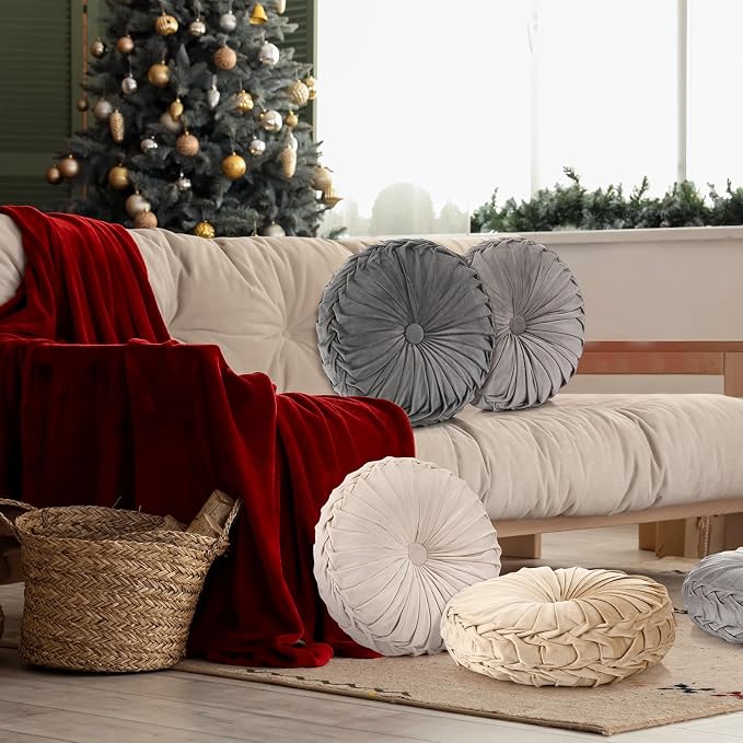 Kathfly 4 Pcs Round Throw Pillows Velvet,Beige, Khaki, Gray, Dark Gray | Pleated Pumpkin Design, Soft Velvet Fabric for Bed Sofa Chair, 14 Inch Diameter Floor Cushion, Elegant Home Decor Accent