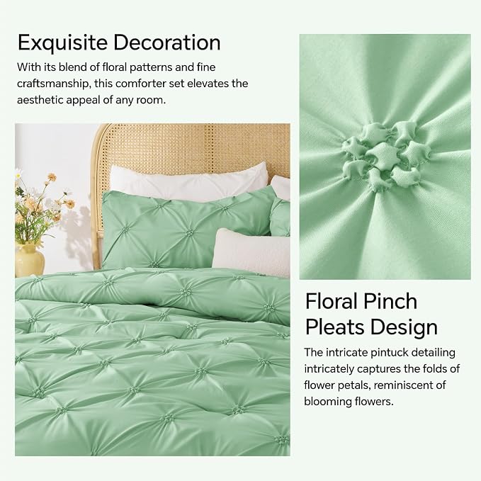 BEDELITE King Comforter Set Sage-Green,Lightweight & Soft Comforter | Pintuck Boho Bedding, Warm & Cute Bed Set for All Season,With 2 Pillowcases