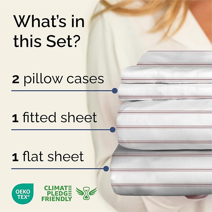 Queen 4 Piece Striped Sheet Set - Soft, Breathable & Cooling - Double Red | 1 Flat, 1 Fitted & 2 Pillowcases w/ Deep Pockets, Luxury Striped Bedding, Soft, Breathable & Cooling, Wrinkle & Fade Free