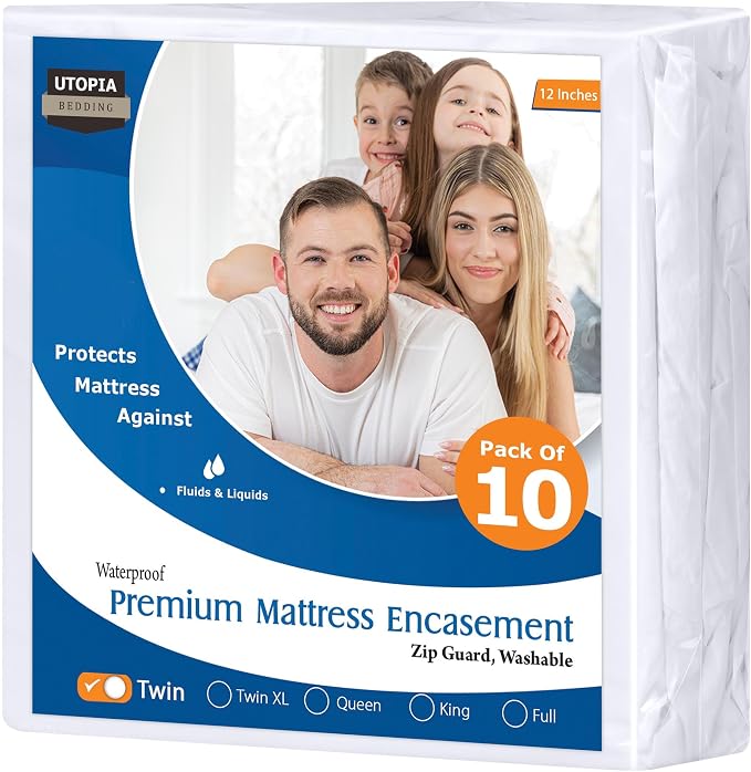 Bulk 10-Pack Twin Size Hotel Mattress Encasement 100% Waterproof, 12" Deep | White, Commercial, Resorts, Motels & Institutional Use, Zippered 6-Sided Mattress Protector