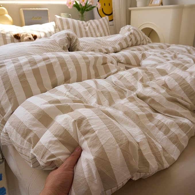 LifeTB Vintage Striped Comforter Set Twin XL, 3 Piece Brown White Stripes Pattern Printed Comforter with 2 Pillowcases, Soft Breathable Khaki Striped Bedding Comforter Farmhouse Twin XL Comforter Set